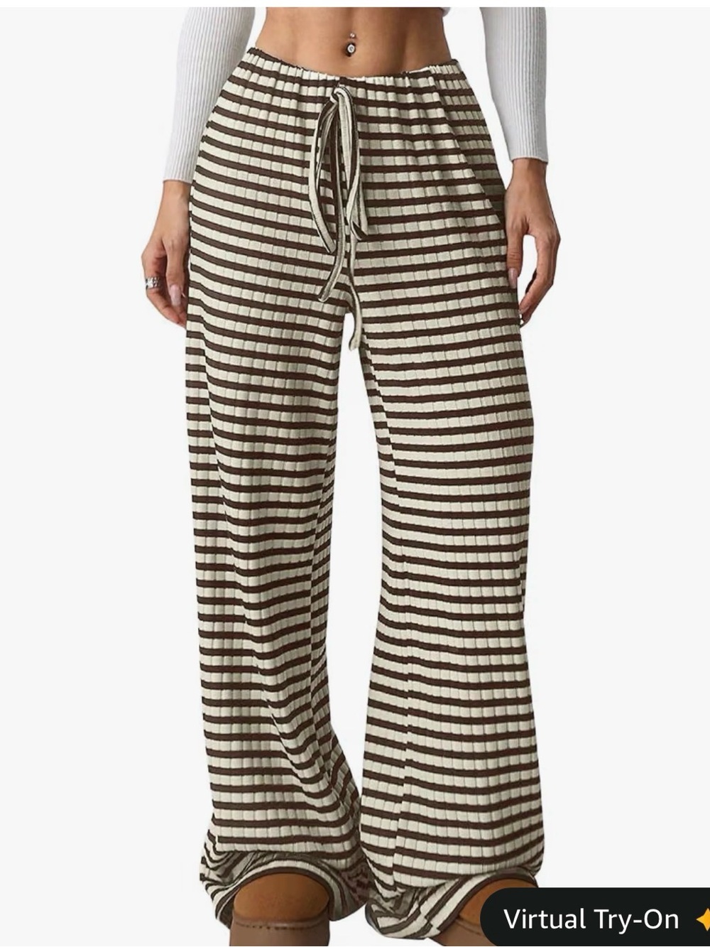 Amazon Cream and Brown Striped Wide-Leg Knit Pants